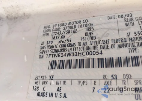 2003 Ford E-250 Commercial/Recreational z USA, uszkodzony, nr VIN 1FTNE24W33HC00054